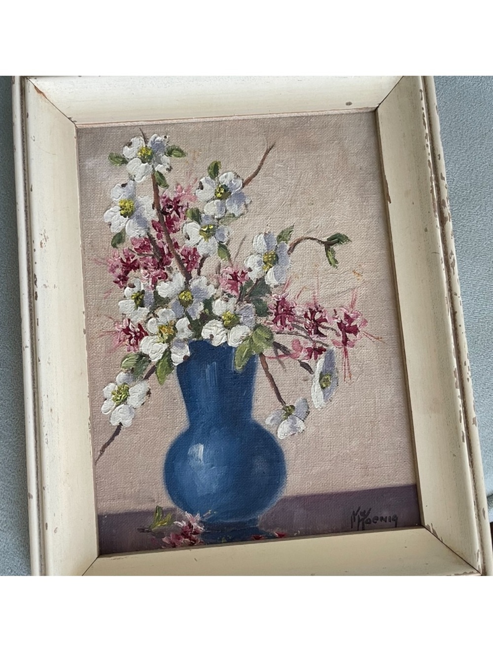 Still Life Floral Painting - Blue Vase with White & Pink Blossoms